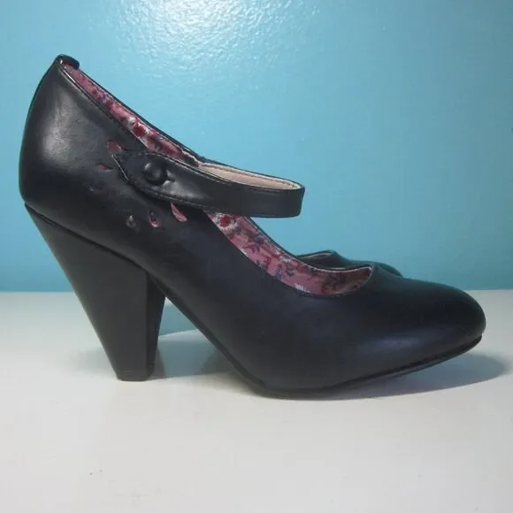 Bettie Page Shoes by Ellie Women Size 7 Black Leather Mary Jane Strap 3.5" Heels - Picture 3 of 15